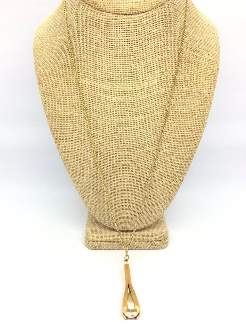 VINTAGE Flower Necklace Gold Tone Bud Faux Pearl Pendant Modernist Art Nouveau
